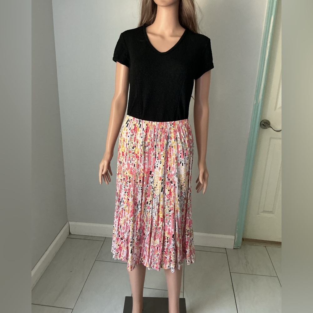 Christopher & Banks Black Top with Floral Pink Midi Skirt